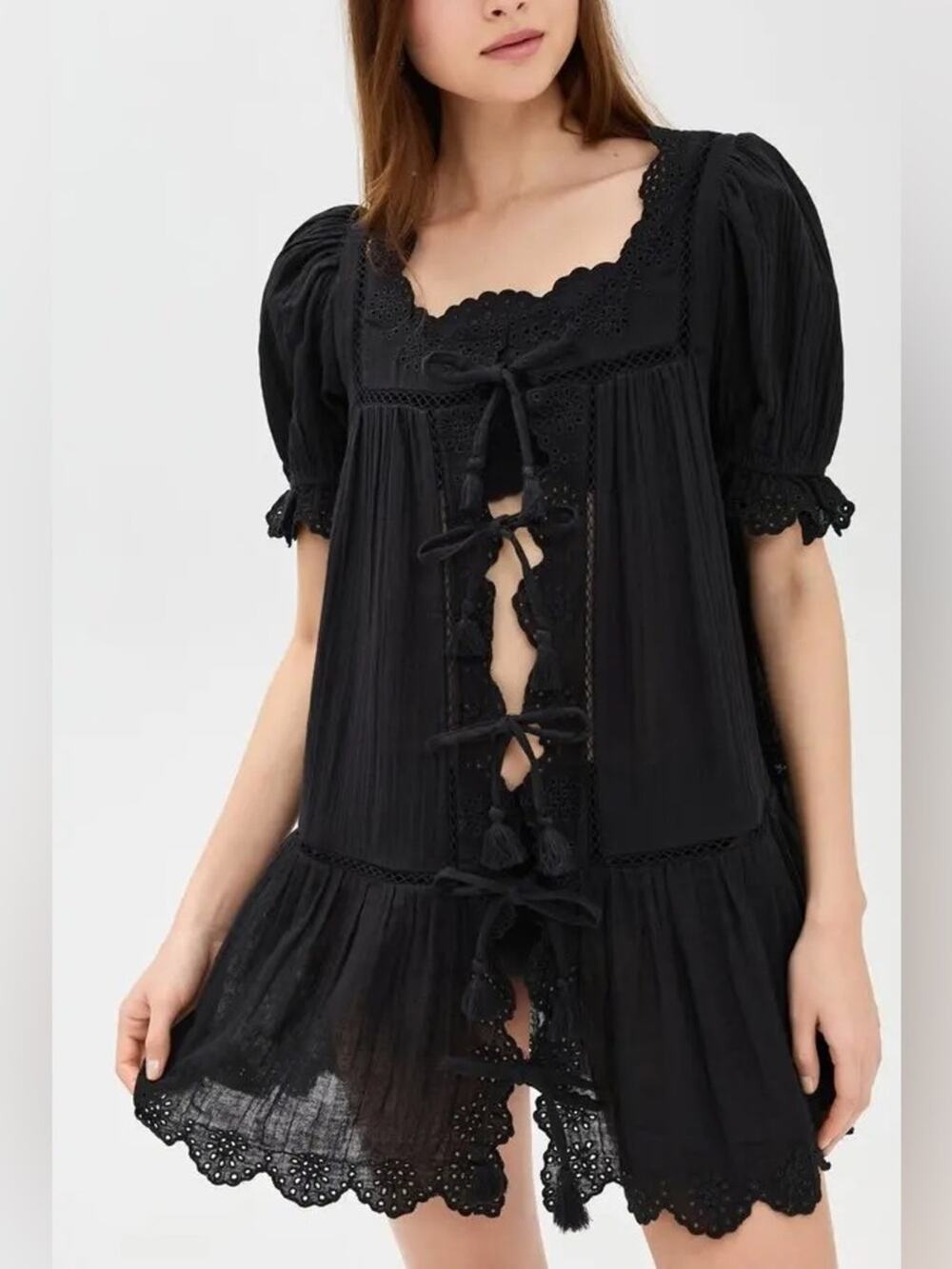 Sea New York Women’s Mae Short Sleeve Coverup Tie Front Black Cotton Mini Dress